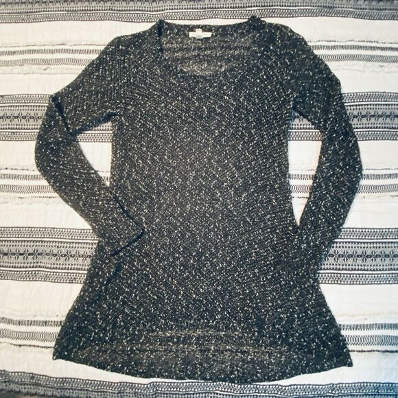 Eileen Fisher Open Knit Sweater Women XS Tunic Asymmetric Hem Black White Tweed - Picture 1 of 9